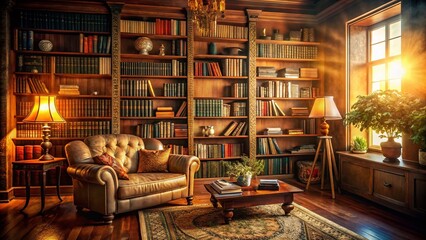 Vintage Wooden Bookshelf in Cozy Living Room Interior - Stock Photo