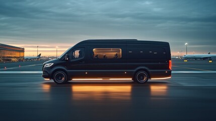 Black airport shuttle van at twilight