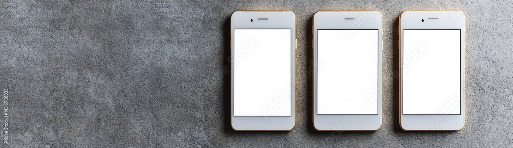 Poster three white screen smartphones arranged on textured gray surface for tech mockup mobile ui ux design