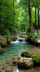 Fototapeta premium Tranquil forest stream, flowing water, lush green trees, peaceful nature scene, great for screensavers or nature photography