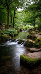 Obraz premium Tranquil forest stream flowing through mossy rocks. Lush green trees create a serene atmosphere. Ideal for nature, travel, or environmental themes