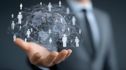 Customer relationship management in the digital global online network and marketing strategy. Businessman hold of human and global structure, recruitment of HR, Human resource management.