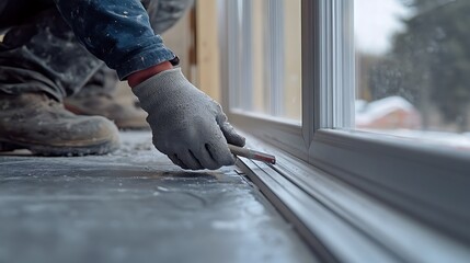 Worker Installing Window Frame in Construction Site