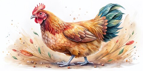 Fototapeta premium Watercolor Hen Illustration, Isolated Farm Animal, Poultry Painting, Rustic Bird Art, White Background