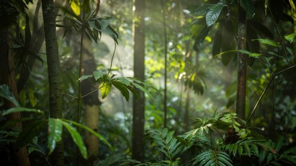 Obraz premium Lush Tropical Rainforest Sunlight Filtering Through Canopy Green Leaves and Trees