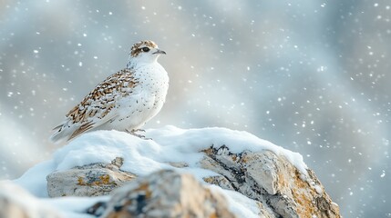 A rock ptarmigan in full white winter plumage, nestled among snow-covered rocks, wind sweeping fine snowflakes across the scene, cold alpine mood 
