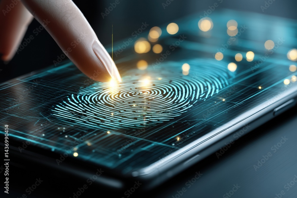 Poster Floating Hand Interacts With Smartphone Biometric Scanner While Vibrant Lights Radiate in a Modern Tech Environment
