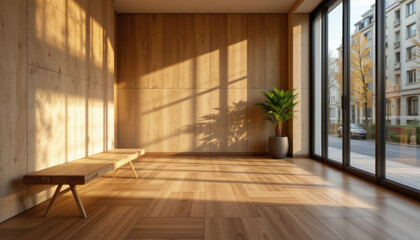 Serene interior space featuring wooden walls and flooring, illuminated by natural light streaming through large windows. simple wooden bench and potted plant enhance tranquil atmosphere