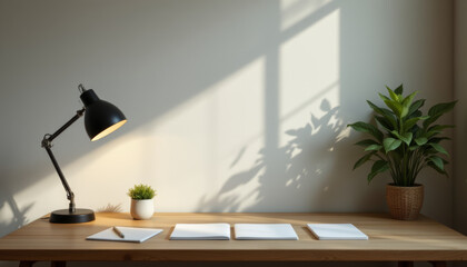 Serene workspace featuring wooden desk with three blank notebooks, pen, and small potted plant. soft light from desk lamp casts gentle shadows, creating calm atmosphere