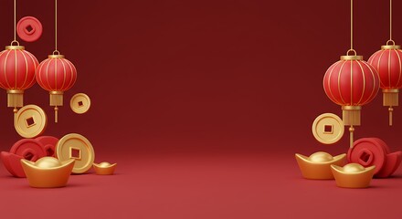 Decorative illuminated structures golden colored circular monetary units unoccupied space greetings red rendered three dimensions greetings happiness prosperity longevity specific cultural