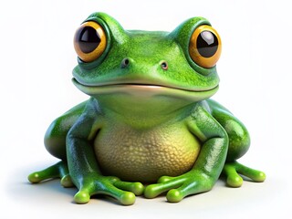 Obraz premium Whimsical 3D Green Frog with Big Eyes on White Background - Adorable Amphibian Stock Photo