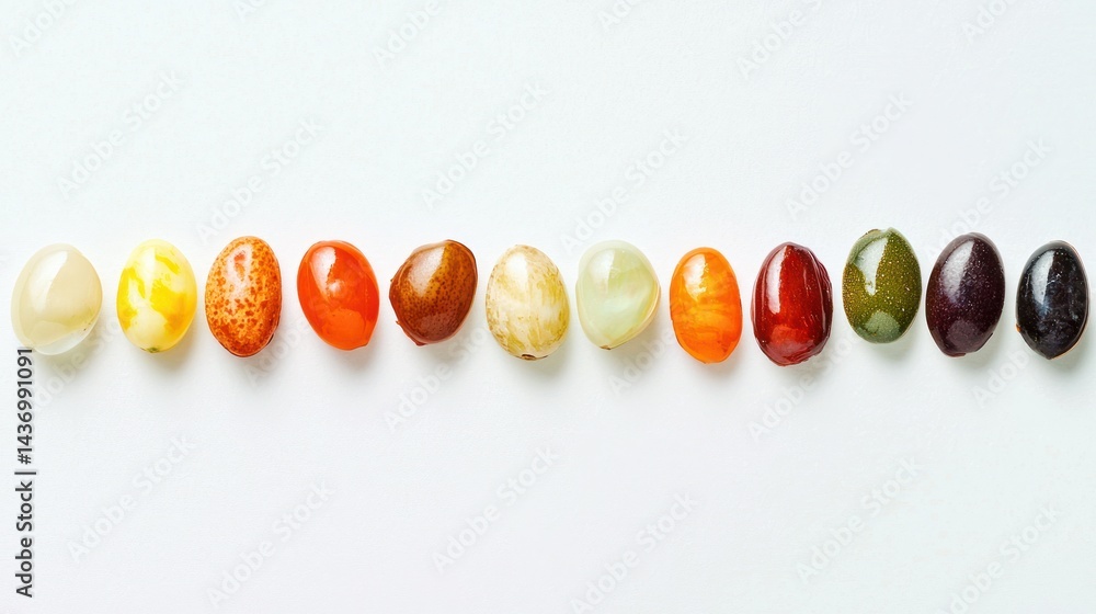Poster a row of different seeds arranged in gradient colors