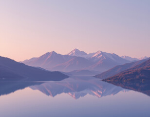 Tranquil landscape featuring majestic mountains reflected in calm lake, bathed in soft pastel hues during sunrise. serene atmosphere evokes sense of peace and natural beauty