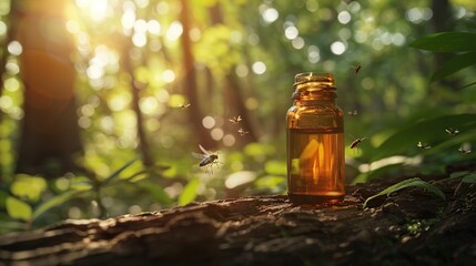 A small bottle of essential oil placed on a log in a forest, with insects hovering nearby in the sunlight