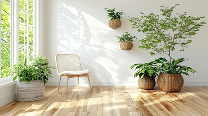 Bright interior with lush potted plants natural light soft greens modern home decor