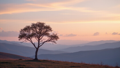 Obraz premium Solitary tree stands against pastel sky, surrounded by rolling hills and distant mountains, evoking sense of tranquility and peace in nature embrace