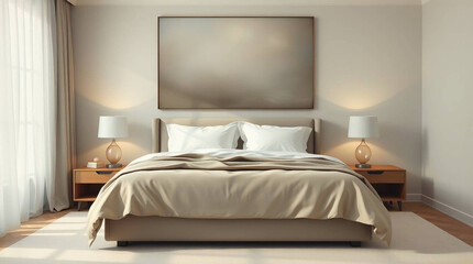"Modern Minimalist Bedroom with King-Size Bed, Sheer Curtains, and Soft Neutral Palette"

