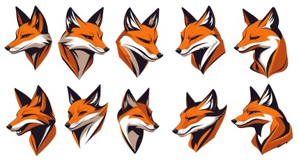 Illustration of several orange fox heads in a row for graphic design use