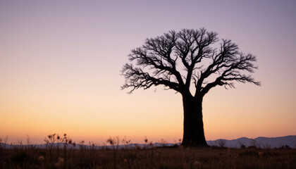 Fototapeta premium Solitary tree stands against serene sunset, its bare branches silhouetted against colorful sky, evoking sense of tranquility and reflection