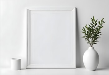 A white table holds a blank frame and a potted plant, both set against a white background