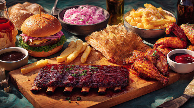 Delicious bbq ribs burger and fries platter perfect for food photography and restaurant menu design ideas