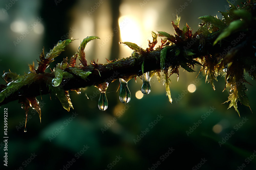 Aufkleber Close Up of Dew Drops on a Branch Surrounded by Lush Greenery and Soft Sunlight in a Forest : Generative AI