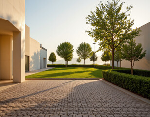 Fototapeta premium Tranquil outdoor scene showcasing landscaped area with neatly trimmed grass, trees, and cobblestone pathway. soft sunlight enhances serene atmosphere, inviting relaxation and peace