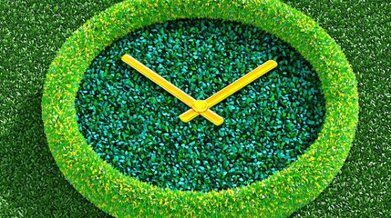 A clock face made of green grass with yellow hands on a green background