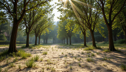 Obraz premium Tranquil scene of sunlit forest path lined with trees, showcasing vibrant green leaves and soft sunlight filtering through branches, creating peaceful atmosphere