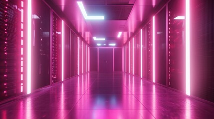 Fototapeta premium Futuristic server room illuminated with vibrant pink neon lights, sleek metallic walls, and high-tech racks, perfect for technology, cybersecurity, and innovation themes