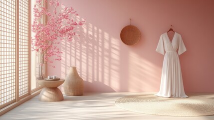 Calm, serene room with soft pink walls, natural light, and a minimalist aesthetic.  Cherry blossom branches in a vase add a touch of spring. 