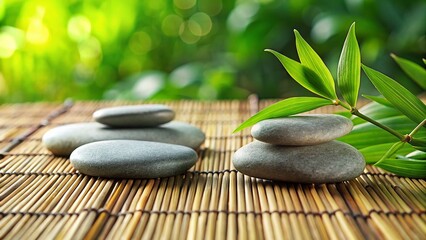 Zen Garden Serenity: Tranquil Stones & Bamboo Mat Stock Photo