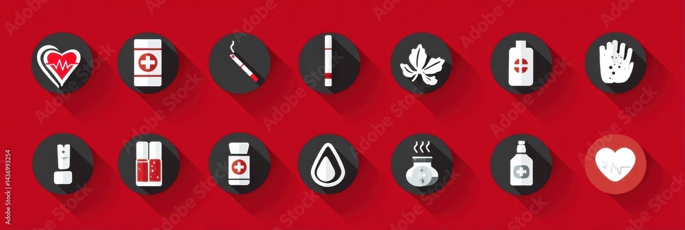 Poster health impacts of smoking illustrated in an icon set on a vibrant red background conveying various c
