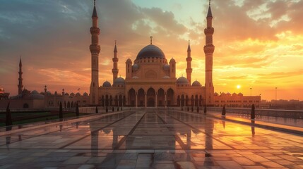 Naklejka premium The warm golden sunlight bathes an ancient mosque exterior, highlighting its intricate architecture and serene ambiance.