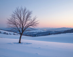 Tranquil winter landscape featuring solitary tree standing in snowy field, with soft pastel colors in sky at dusk. serene atmosphere evokes sense of peace and solitude