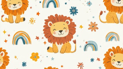 Cute lion cubs rainbow pattern, kids textile