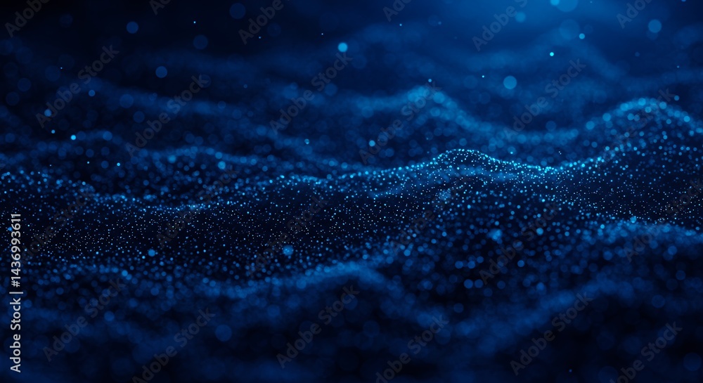 Poster non representational science fiction glowing particles forming curved linear elements surfaces holog