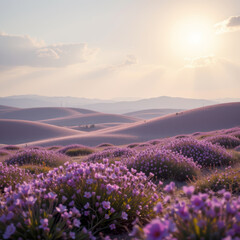Obraz premium Breathtaking landscape featuring rolling hills covered in vibrant purple flowers under soft sunset glow. serene atmosphere evokes sense of tranquility and beauty in nature