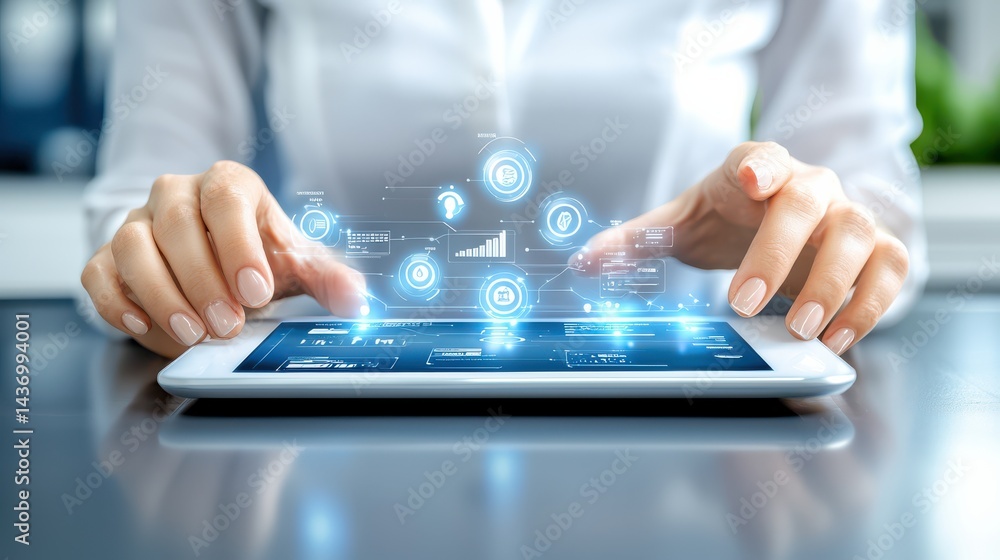 Poster innovative technology interaction virtual workspace digital interface modern office close-up view us