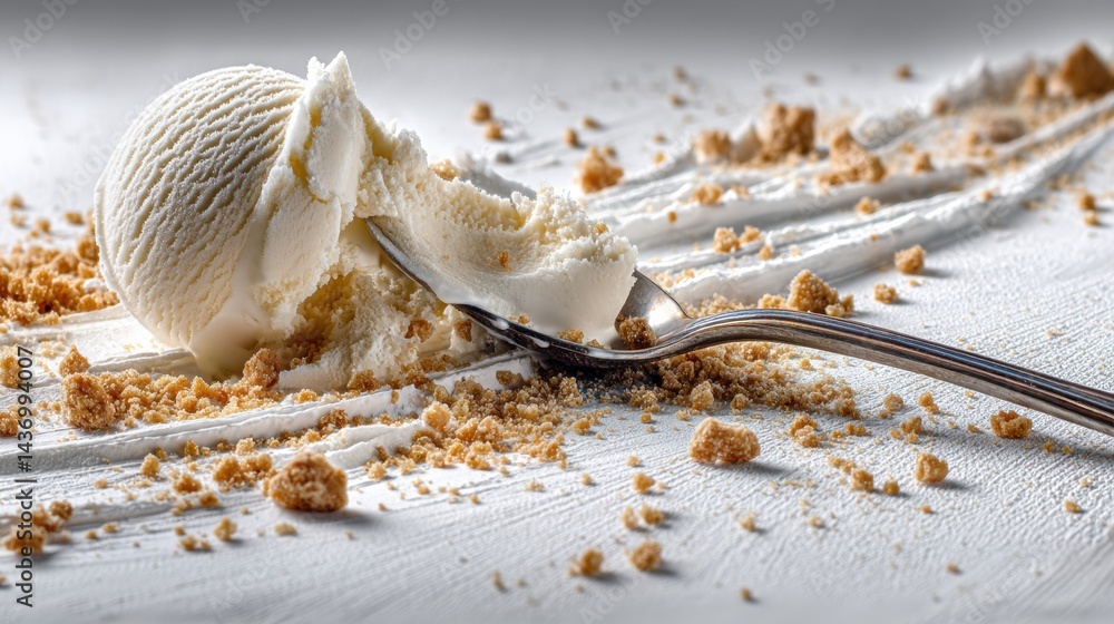Poster melting scoop of ice cream on a flat surface with crumbs and spoon at a casual dessert setting