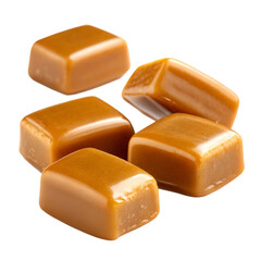 Floating caramel candies with smooth glossy surface and rich golden-brown color, sweet chewy treats isolated on transparent background.
