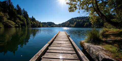Tranquil Lakeside Dock, Sunny Day, Perfect for Relaxation