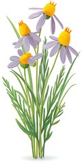 Obraz premium A bunch of purple flowers with yellow centers and green leaves