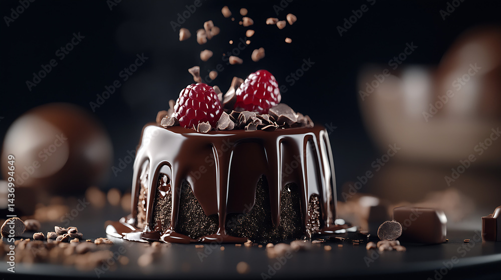 Poster Decadent chocolate dessert topped with raspberries and chocolate shavings inviting irresistible indulgence : Generative AI