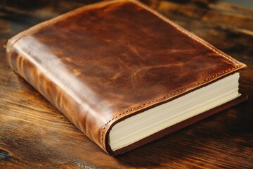 Obraz premium A close-up view of a leather-bound book sitting on a dark, textured wooden surface, highlighting its craftsmanship.