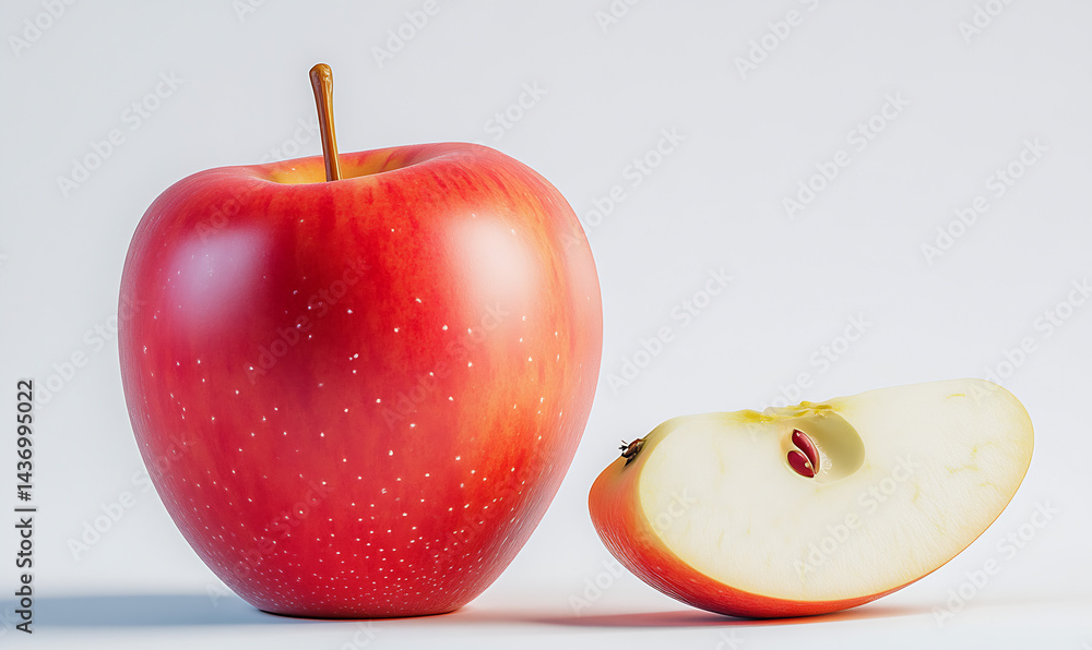 Poster Shiny red apple and a sliced half showcasing its juicy interior with vibrant colors on a clean background : Generative AI