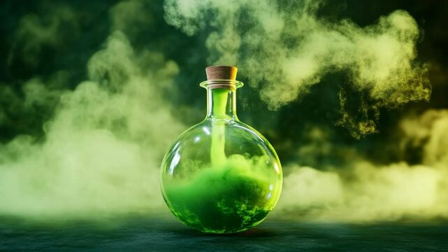Mysterious green potion in glass bottle, smoke.