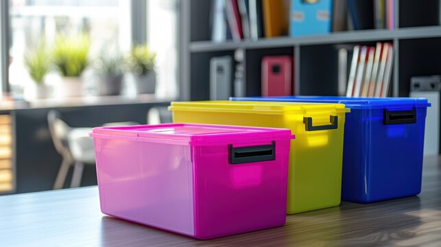 A set of plastic file storage boxes in an office setting.