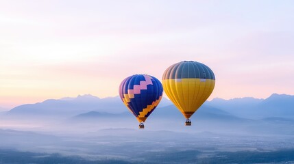 Fototapeta premium Two hot air balloons soaring above misty mountains at sunrise