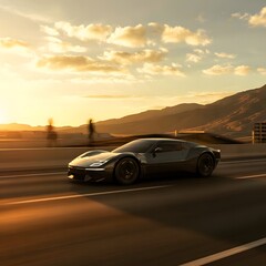Sleek Black Sports Car Speeding Down Highway at Golden Sunset with Mountain Backdrop